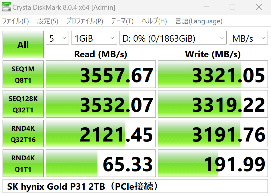SK hynix gold p31 2TBの転送速度