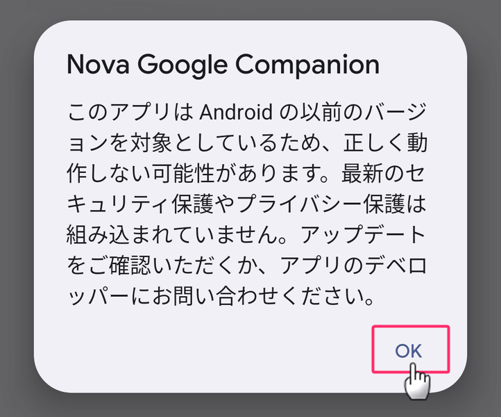 Nova Google Companion アプリの警告文