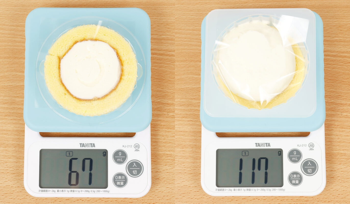 ローソン 盛りすぎチャレンジ プレミアム ロールケーキの重量を比較