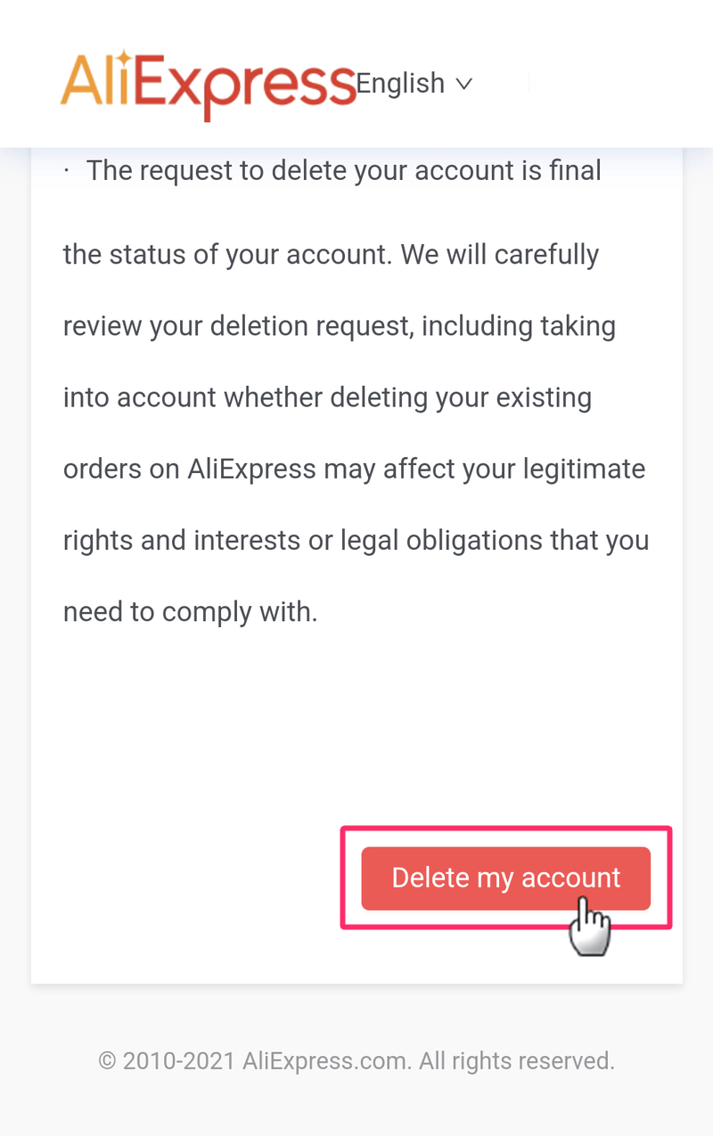 AliExpress「Delete my account」ボタンを押す