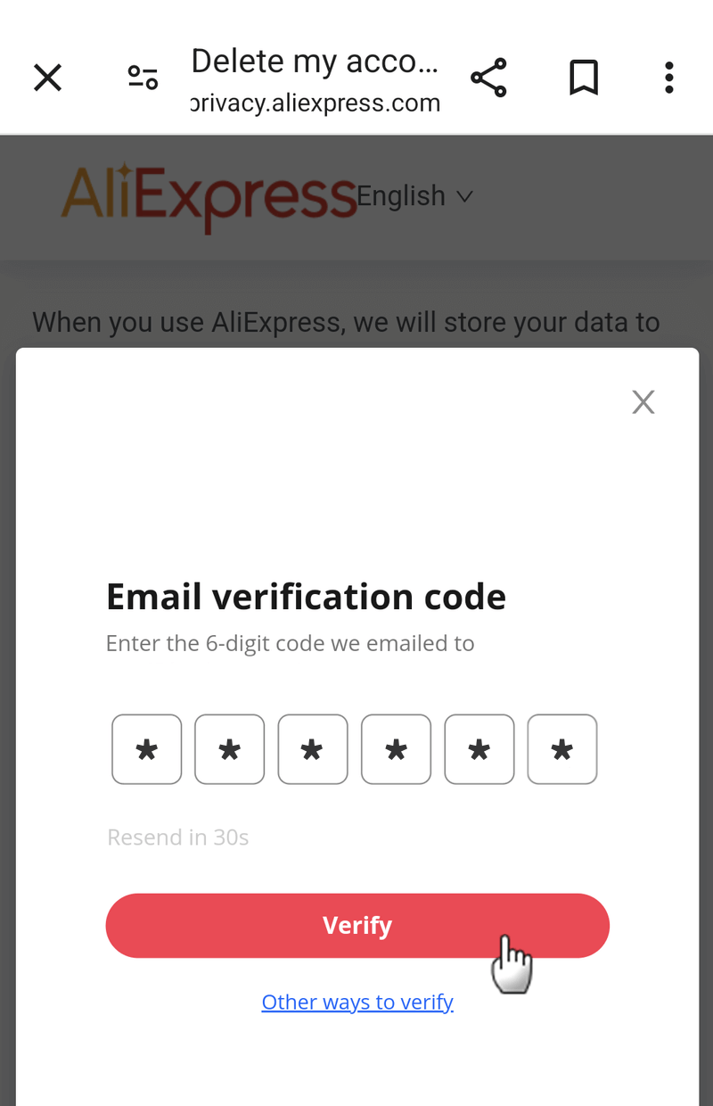 AliExpressのアカウントを削除するため、認証コードを入力する