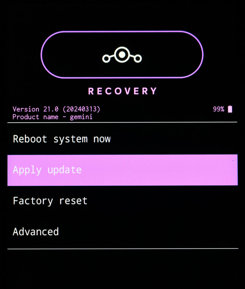 LineageOS RECOVERYのApply updateを選択する