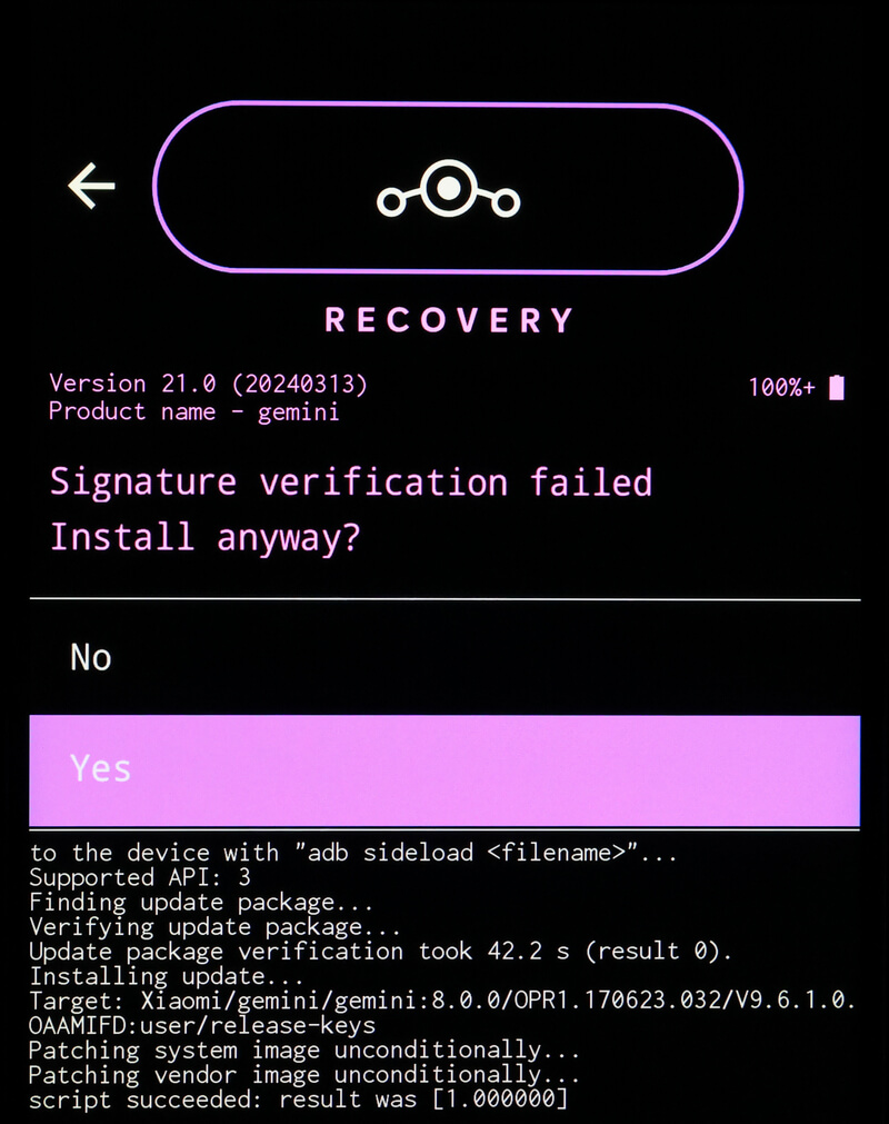LineageOS RECOVERYで、Signature verification failed Install anyway?と表示される