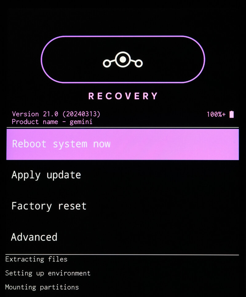 LineageOS RECOVERYで、Reboot system nowを選択する